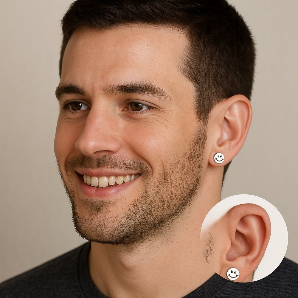 Smiley Face Stud Earrings Men Unisex Silver Tone Round · One Size · New